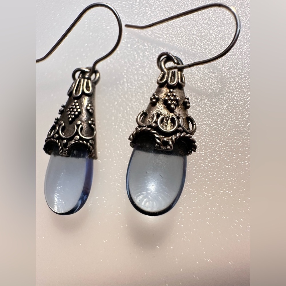 Sterling Silver Hook Dangle Earrings Blue Glass Teardrop Stone 1971 L - Picture 3 of 11